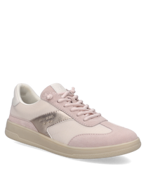 Der Sneaker besteht aus rosafarbenem Wildleder und Mesh. Er verfügt über eine Schnürung und eine cremefarbene Sohle für optimalen Halt.