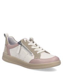 Moderner Sneaker aus Leder in Weiß mit rosa und beigen Akzenten. Mit Schnürung und seitlichem Reißverschluss für optimalen Halt.