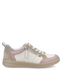 Moderner Sneaker aus Leder in Weiß mit rosa und beigen Akzenten. Mit Schnürung und seitlichem Reißverschluss für optimalen Halt.