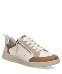 Moderner Sneaker aus weißem und braunem Leder mit Schnürung und seitlichem Reißverschluss. Akzentuiert durch beige Wildlederdetails und perforierte Seiten.