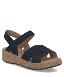 Sandalias negras con cierre de velcro hechas de material sintético. Suela de corcho para mayor comodidad y soporte.