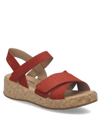 Sandalo rosso con chiusura in velcro realizzato in tessuto scamosciato. Suola in sughero con piattaforma comoda ideale per un look estivo casual.