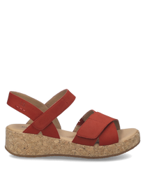 Sandalo rosso con chiusura in velcro realizzato in tessuto scamosciato. Suola in sughero con piattaforma comoda ideale per un look estivo casual.