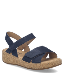 Sandalo in blu scuro con chiusura in velcro. Suola in sughero per un comfort ottimale.