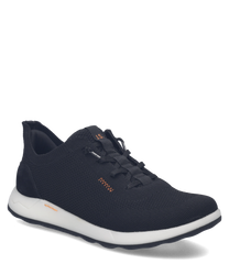 Schwarzer Sneaker aus Mesh mit Easy-On-Verschluss. Weiße Sohle und orangefarbene Details verleihen dem Schuh einen sportlichen Look.