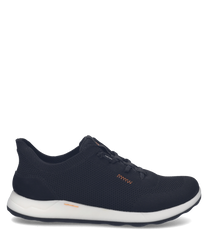 Schwarzer Sneaker aus Mesh mit Easy-On-Verschluss. Weiße Sohle und orangefarbene Details verleihen dem Schuh einen sportlichen Look.