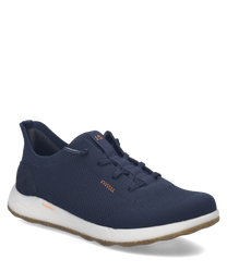 Dunkelblauer Sneaker aus Mesh mit Easy On Verschluss. Weiße Sohle und orangefarbene Details für sportlichen Look.
