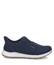 Dunkelblauer Sneaker aus Mesh mit Easy On Verschluss. Weiße Sohle und orangefarbene Details für sportlichen Look.