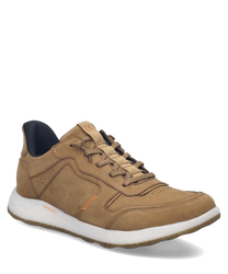Brauner Sneaker aus Leder mit Schnürung und sportlichem Design. Weiße Sohle und dezente Ziernähte verleihen dem Schuh einen modernen Look.