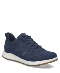 Dunkelblauer Sneaker aus glattem Leder mit Schnürung. Weiße Sohle und dezente Ziernähte für einen modernen Look.