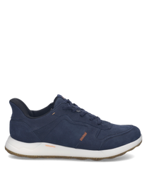 Dunkelblauer Sneaker aus glattem Leder mit Schnürung. Weiße Sohle und dezente Ziernähte für einen modernen Look.