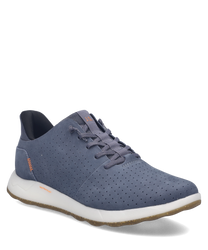 Moderner Sneaker aus blauem Textil mit Schnürung. Perforiertes Obermaterial sorgt für Atmungsaktivität.