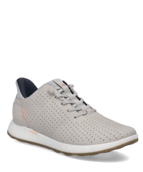 Grauer Sneaker aus perforiertem Material mit Easy On Verschluss. Weiße Sohle und dezente orangene Details sorgen für modernen Look.