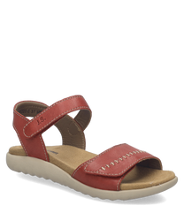 Sandales en cuir rouge avec fermeture Velcro. Semelle beige et couture décorative sur la bride avant pour un style élégant et un confort optimal.