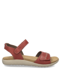 Sandales en cuir rouge avec fermeture Velcro. Semelle beige et couture décorative sur la bride avant pour un style élégant et un confort optimal.