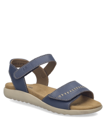 Sandales bleues en cuir avec fermeture Velcro. Semelle beige et intérieur doux pour un confort optimal.
