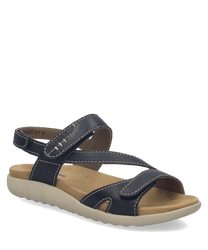 Sandalo in pelle nera con chiusura in velcro. Suola beige ondulata per un comfort ottimale.