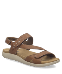 Sandales en cuir marron avec fermeture Velcro. Semelle beige antidérapante confortable pour un usage quotidien.