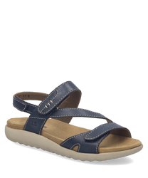 Blauwe sandaal met klittenbandsluiting. Gemaakt van leer met een comfortabele beige zool.
