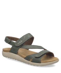 Green leather sandals with Velcro straps. Features cushioned beige sole and open toe design for comfort and style.