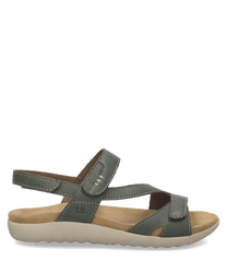 Green leather sandals with Velcro straps. Features cushioned beige sole and open toe design for comfort and style.