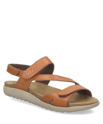 Sandalo in pelle marrone chiaro con chiusura in velcro. Soletta beige e suola ondulata per un comfort ottimale.