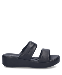Schwarzer Slipper aus glattem Material mit zwei breiten Riemen. Gummizug sorgt für optimalen Halt und bequemen Tragekomfort.