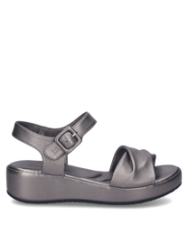 These sandals feature a sleek metallic finish with a Velcro strap for easy fastening. The cushioned sole adds comfort to the stylish design.