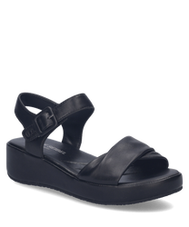 Black sandals featuring a Velcro closure with a sleek synthetic leather finish. The sandals have a comfortable cushioned sole and an adjustable strap for a secure fit.