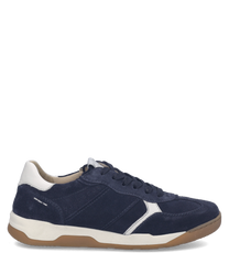 Dunkelblauer Sneaker aus Wildleder mit weißem Akzent am Absatz. Gummisohle und Schnürung für optimalen Halt gestalten das sportliche Design.