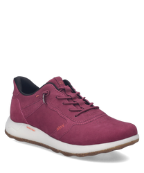 Moderner Sneaker aus weinrotem Leder mit Schnürung. Weiße Sohle und dezente Ziernähte verleihen dem Schuh einen stilvollen Look.