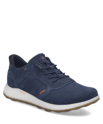 Der Sneaker besteht aus dunkelblauem Material mit Schnürung und hat eine weiße Sohle. Besondere Merkmale sind die dezente Ziernaht und der bequeme Schnitt.