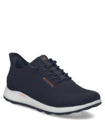 Dunkelblauer Sneaker aus Mesh mit weißer Sohle. Der Easy On Verschluss ermöglicht einfaches Anziehen ohne Schnürsenkel.