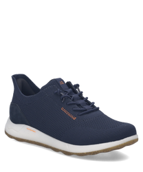 Dunkelblauer Sneaker aus Mesh mit weißer Sohle. Easy On Verschluss für einfaches Anziehen. Ideal für sportliche Aktivitäten.