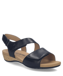 Elegante zwarte sandaal met klittenbandsluiting en kurken zool. Gemaakt van soepel leer biedt deze sandaal zowel stijl als comfort voor dagelijks gebruik.