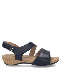 Elegante zwarte sandaal met klittenbandsluiting en kurken zool. Gemaakt van soepel leer biedt deze sandaal zowel stijl als comfort voor dagelijks gebruik.