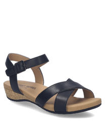 Black sandals featuring a Velcro closure with a sleek leather finish. They have a cork sole and minimalist design for casual wear.