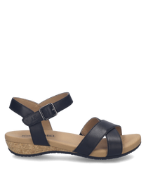 Black sandals featuring a Velcro closure with a sleek leather finish. They have a cork sole and minimalist design for casual wear.