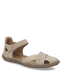 Sandales en cuir beige avec fermeture Velcro. Design élégant et ouvert pour un confort optimal et une respirabilité accrue.