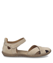 Sandales en cuir beige avec fermeture Velcro. Design élégant et ouvert pour un confort optimal et une respirabilité accrue.
