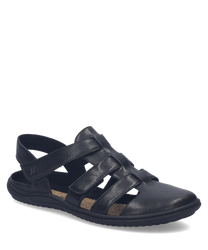 Sandalias de cuero negras con cierre de velcro. Diseño elegante y cómodo ideal para el uso diario.