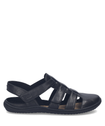 Sandalias de cuero negras con cierre de velcro. Diseño elegante y cómodo ideal para el uso diario.