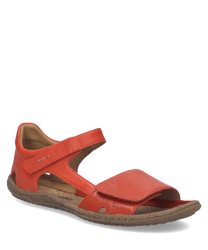Sandalias de cuero rojo con cierre de velcro. Diseño cómodo y flexible ideal para el uso diario.