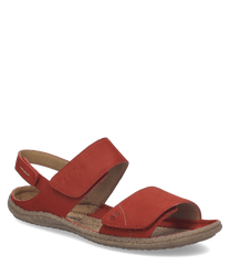 These sandals feature a red leather exterior with a Velcro strap closure for easy adjustment. The ergonomic design includes a cushioned sole for comfort and a durable rubber outsole for traction.
