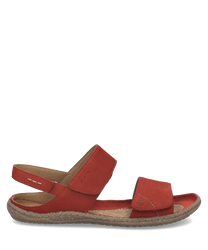 These sandals feature a red leather exterior with a Velcro strap closure for easy adjustment. The ergonomic design includes a cushioned sole for comfort and a durable rubber outsole for traction.
