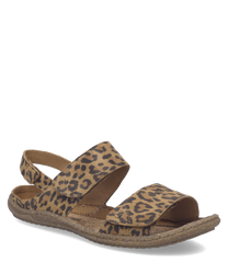 Leopardgemusterte Sandale mit praktischem Klettverschluss. Das weiche Material in Braun- und Beigetönen sorgt für hohen Tragekomfort.
