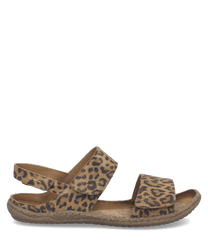 Leopardgemusterte Sandale mit praktischem Klettverschluss. Das weiche Material in Braun- und Beigetönen sorgt für hohen Tragekomfort.