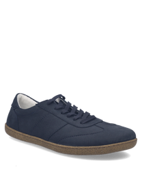 Dunkelblauer Sneaker aus Leder mit brauner Sohle. Der Schuh hat eine Schnürung und eine schlanke Silhouette ideal für den Alltag.