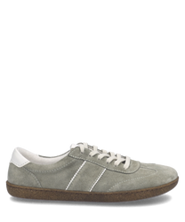 Grauer Sneaker aus Wildleder mit Schnürung. Weiße Akzente und flache Sohle sorgen für modernen Look.