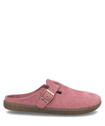 Różowy clog z zamszu z brązową podeszwą i klamrą jako głównym zapięciem. Idealny na co dzień dzięki wygodnej konstrukcji i stylowemu wyglądowi.